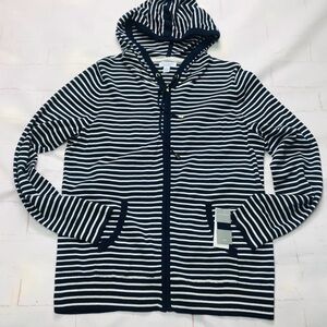 NWT: Charter Club - Womens Striped Navy and White Hoodie full zip x large